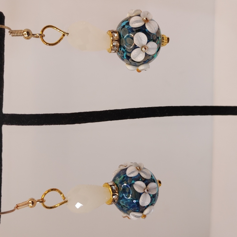 Aqua Lampwork Earrings with white raised 3 pedal flower with yellow center